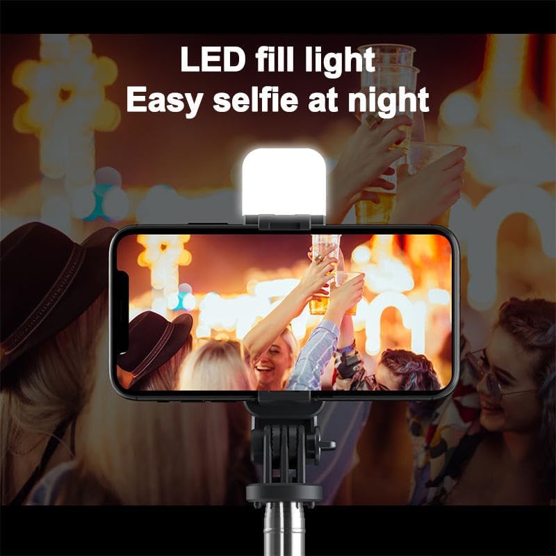 Image of Selfie Stick Tripod, 100CM Length with Light, 3 in 1 Multifunctional Design, Rechargable LED Light with Two Brighness Levels for Make up, Selfie & Photo Shoot with Bluetooth Remote