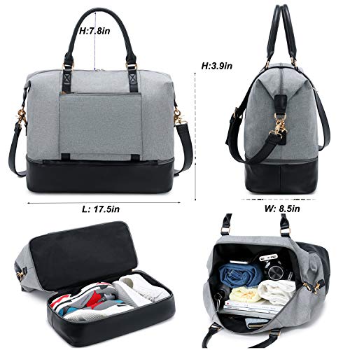 Womens Travel Weekend Bag Canvas Overnight Carry on Shoulder Duffel Beach Tote Bag (Grey with shoe compartment)