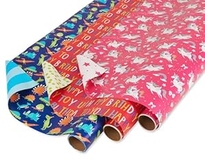 American Greetings Wendbares Geschenkpapier, Dinosaurier & Einhörner, 3 Rollen