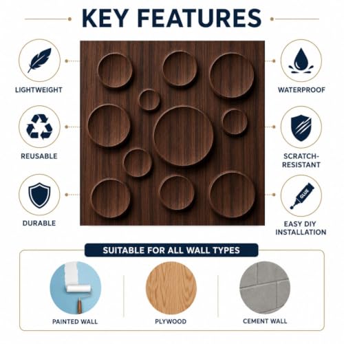 Image of Kayra Decor 3D PVC Wall Panels for Bedroom & Living Room | Moon Design | Walnut Wood Color | 19.7 x 19.7 Inch | Pack of 18 | 42.48 Sq Ft