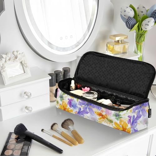 Bolsa de viaje para herramientas de cabello con flores amarillas y moradas, resistente al calor, con cierre para planchas de pelo, rizadores y secador miniatura 6