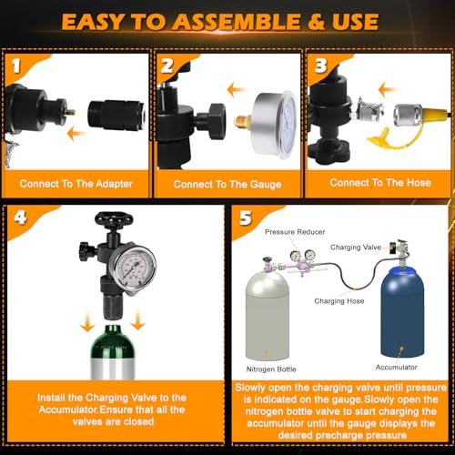 Image of Hydraulic Nitrogen Accumulator Charging Kit, Pressure Test System, Gas Charge Tools with 3 Pressure Gauges 7 Couplings Gas Hose Main Valve, 100 /250 /400 Bar, 1500 /4000 /6000PSI