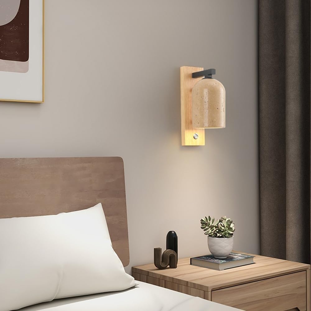 Applique Murale en Bois Massif, Applique Murale Japonaise en marbre Jaune Wabi-sabi, luminaires muraux de Style crème for Chambre à Coucher, Chevet, Salon, luminaires muraux câblés (Color : A)