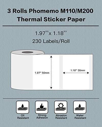Image of Phomemo Labels- 3 Rolls M110 /M220 /M221 /M120 /M200 Thermal Paper 1.97 inchx1.18 inch(50x30mm)- M110 Label Multipurpose Square Self-Adhesive Paper for Product Tag, Barcode, Address Label, 230 Labels /Roll