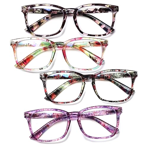 Image of Henotin 4-Pack Blue Light Blocking Reading Glasses Women Men,Spring Hinge Computer Readers,Anti UV Ray Square Nerd Eyeglasses (Ladies Readers with Pattern Print, 0.0, Diopters)