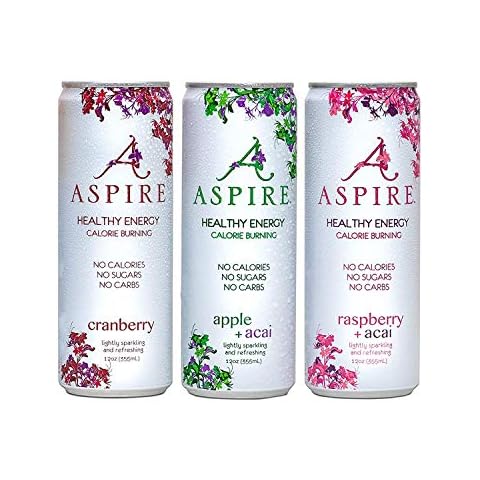 Aspire Healthy Energy Drinks, Sugar Free, Sparkling Energy Drink, with 80mg Natural Caffeine Beverage, Essential Vitamins, Keto Drink, Vegan, Kosher, Gluten-Free, 12oz can 12-pack Variety Cranberry, Raspberry, and Apple Cover