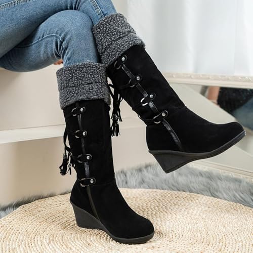 Womens Faux Fur Knee High Boots Fluffy Furry Wedge Heel Pull on Snow Boots Lace up Dressy Warm Winter Shoes2