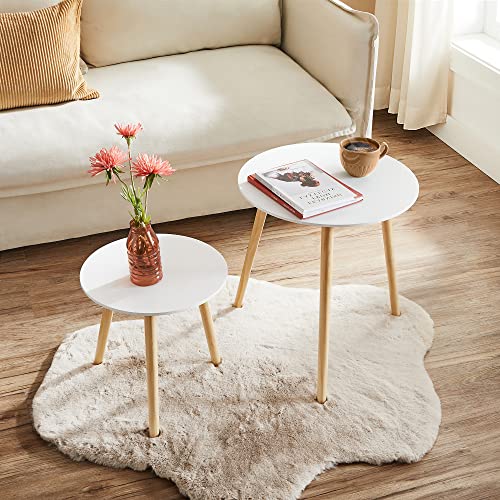 VASAGLE Nesting Side Table, Round End Table, Set of 2, Scandinavian Minimalist Coffee Table with Solid Pine Wood Legs, White and Natural LET07WN