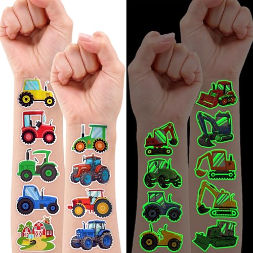 Image of 96 PCS Tractor Pre-Cut Luminous Glow in the Dark Temporary Tattoos for Kids | Farm Farmhouse Theme Birthday Party Favors, Supplies, Decorations, Fake Tattoo Stickers, Rewards & Gifts For Boys & Girls