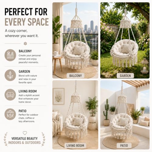 Image of Premium King Size Hammock Chair Swing with Cushion, 200kg Capacity | Indoor Outdoor Heavy Duty Adults & Kids Hanging Jhula for Home, Garden, Patio & Balcony | 1 Year Warranty (Off White)