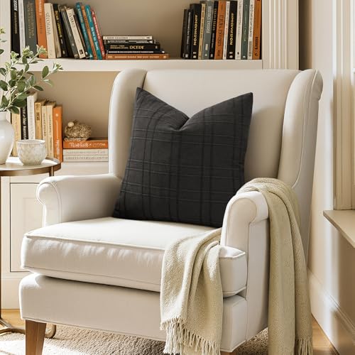 Image of MIULEE Decorative Linen Check Euro Shams Throw Pillow Covers Neutral Farmhouse Vintage Pillow Covers 24x24 Set of 2 Boho Modern Home Decor for Sofa Couch Bedroom Cushion Black