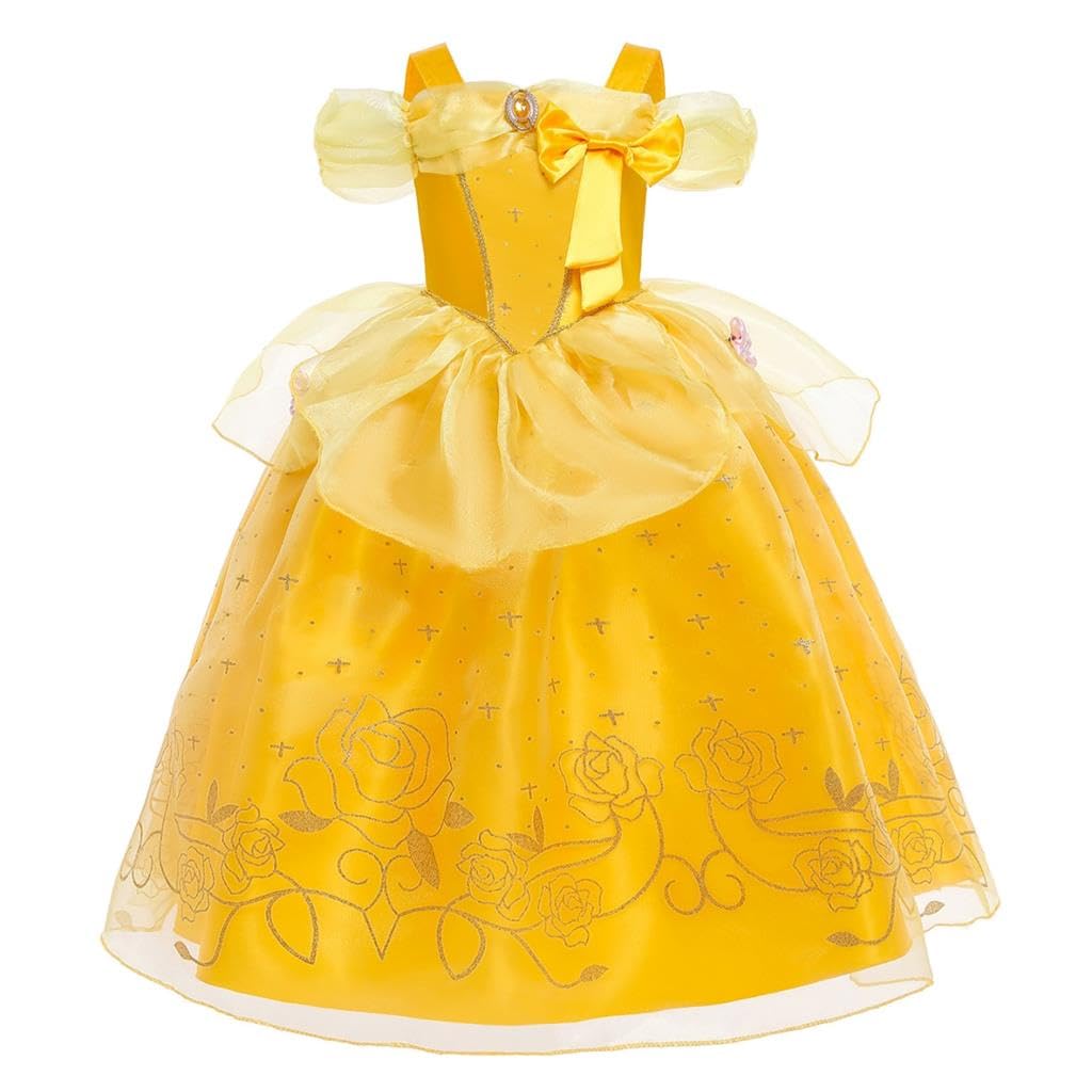 Lito Angels Fairytale Beauty Princess Girls Costume Fancy Dress Up with Puff Sleeves Bow Tulle Skirt for Birthday Party Age 4-5 Years Yellow