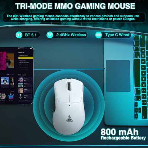 Image of SOLAKAKA SM805 Lightweight Wireless Gaming Mouse,24000 DPI,Tri-Modes Connection,BT5.0 /Type-C Wired /2.4G Wireless Mouse Gaming with 2 Side Buttons, Engineering Grip Custom Mouse for Gamer,White