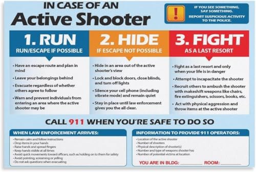 Active Shooter (Run, Hide, Fight) School and Workplace Educational Safety Poster Metal Tin Sign Wall Art Print Modern Family Bedroom Decor Posters 8x12 Inch