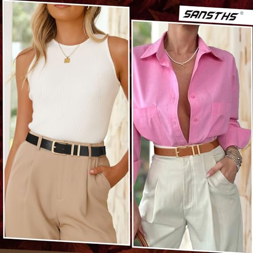 SANSTHS 2 Pack Women Belt for Jeans Pants, Simple Fashion Ladies Waist Belt with Gold Buckle, 1inch Width3