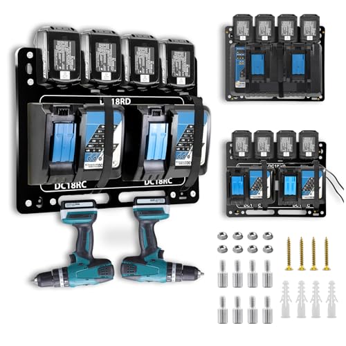 Wandhalterung für Makita Akkus (18V & 14,4V) - Bis zu 4 Akkus & 2 Ladegeräte, Robuster für Makita Akku Halterung für Werkstatt und Garage