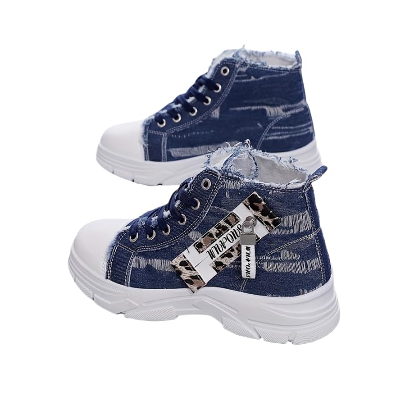 Women's High-Top Denim Sneakers with Side Zipper - Comfortable Thick Sole Casual Shoes, Versatile Fashion Athletic Footwear, Soft Insole, Hand-Washable, All-Season Wear, High Top Sneakers