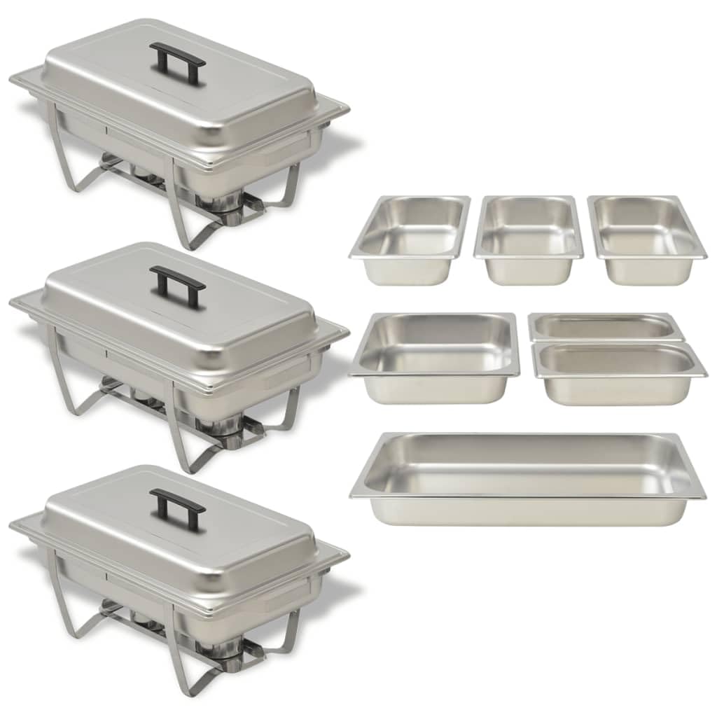 Scaldavivande, set di 3 pezzi, in acciaio inox con contenitori GN, scaldavivande per buffet e fornello per gastronomia, catering, feste, hotel, banchetti e sala da pranzo, termoisolante