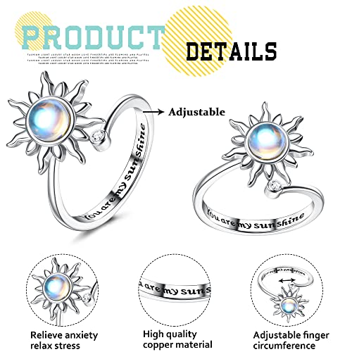 Adramata 2Pcs Plata Anillos Mujer para Ansiedad Girasol Anillo para Inquietos Anillo Ansiedad Piedra Lunar Anillo antiestrés Anillos Giratorios Abiertos Ajustables para Mujeres con Ansiedad