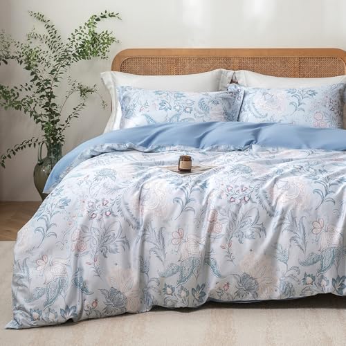 MILDLY King Size Duvet Cover Set 100% Long-Staple Cotton Luxury Paisley Floral Patten Reversible Comforter Cover Set 3Pcs
