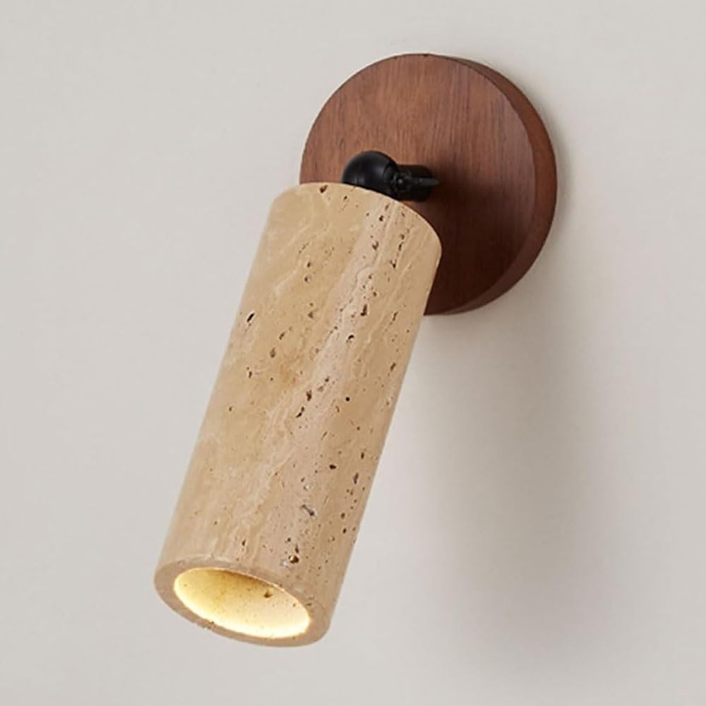 FEITENGDA Japanese Cylindrical Travertine Wall Sconce Modern Adjustable Angle Wall Mount Lamp Minimalist Bedside Reading Wall Light Fixture for Bedroom Living Room Hallway Stair(Walnut)