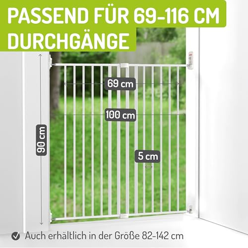 BOMI Türschutzgitter Maja 69-142 cm | Zum Bohren | Extra Hoch | Kindertreppenschutzgitter mit Tür in Weiß ausziehbar | Tierschutzgitter für Hund und Baby