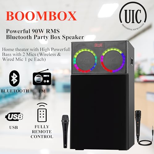 Image of UIC Boombox Powerful 90W Bluetooth Party Box-Karaoke Speaker with Mic with High Bass & Sound with 2 Mics (Wireless & Wired Mic 1 Each) USB,FM,Aux,Smart TV Support & Dynamic LED Lights (UIC-TWR-6501)