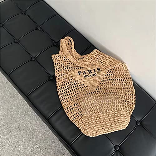 POOOPSSD New Woven Bag, Straw Mesh Tote Bag, Beach, Shoulder Bag, Hobo Women, Foldable Large Capacity, for Holiday, Picnic and Party. (Khaki) - Image 4