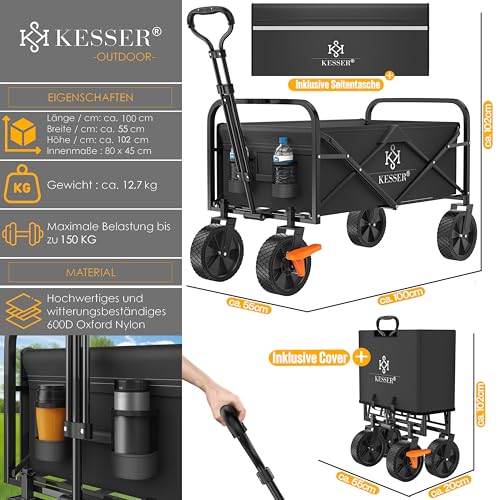 KESSER® Bollerwagen faltbar Handwagen Transportkarre max. 150kg Tragkraft & 360° PVC-Reifen Gerätewagen inkl. 2 Netztaschen, Seitentasche & Abdeckung Transportwagen Gartenanhänger ohne Dach, Schwarz