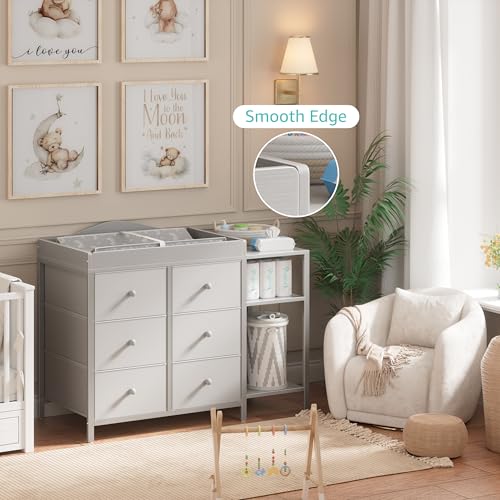 Image of BOLUO Baby Dresser with Changing Table Top, Gray Changing Table Dresser with 6 Fabric Drawers Diaper Changing Station with Storage Shelf for Nursery Modern