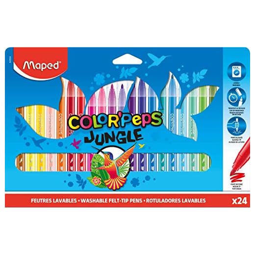 Maped - Rotuladores de Colores para Niños - Color's Peps Jungle - 24 Rotuladores de Punta Gorda - Tinta Ultra Lavable - Gran Resistencia al Secado - Variedad de Colores