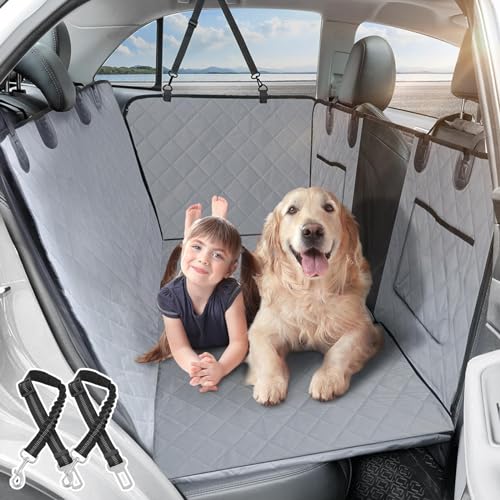 RUYICZB Backseat Extender for Dogs, Dog Seat Cover Hard Bottom, Dog Car Seat Cover for Back Seat Foldable, Dog Hammock Waterproof Seat Protector for Pets for Car SUV with Dog Seat Belt,Gray