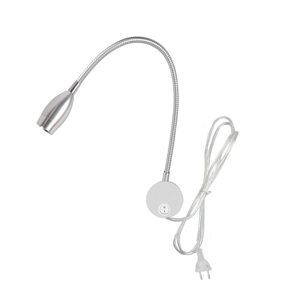 3W Lampe de lecture, Youngine Flexible 3W Lampe de chevet LED avec interrupteur et prise filaire, Applique murale col de cygne pour chambre à coucher, hôtel, bureau, 6000K (Argent-Blanc froid)