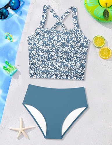 Image of Girls Tankini Swimsuit 2 Piece Bathing Suit Twist Cross Back Cutout Swim Tank Top Floral Print Swimwear for 7-18Y