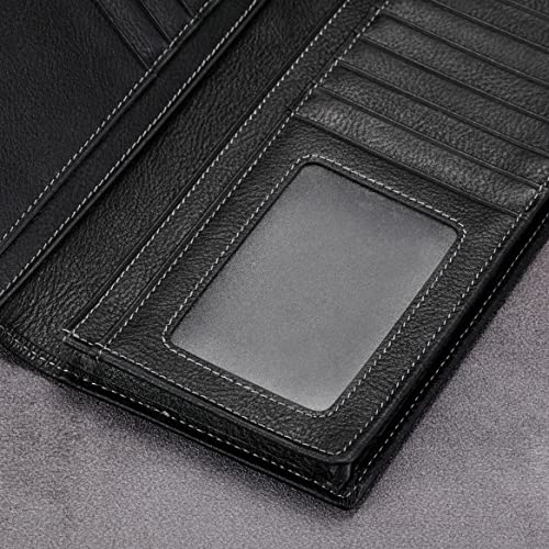 Image of HISCOW Full Grain Leather Men's Long Wallet, 15 Card Slots, Vintage Black, One Size, Classic | Gusseted bill compartment, tall bifold design, clear ID window, ideal for coat pockets or briefcases, turned-edge, gift box