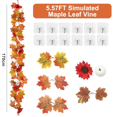 Herbstgirlande Künstlich,1.70m 2 Stück Herbst Girlande Ahornblätter,Ahorn Blättergirlande Decor,Herbstblätter Hängepflanze Herbstdeko,Herbst Blätter Girlande mit Haken,Ahornblätter Herbstdeko