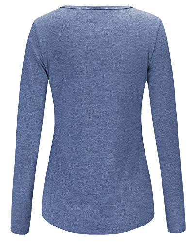 OUGES Womens Long Sleeve V-Neck Button Causal Tops Blouse T Shirt(Blue,L)