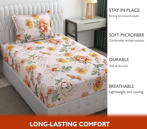 Image of Fresh From Loom Floral Print Microfiber Single Bed Bedsheet Set - Anti Fade, 240 TC, 1 Pillow Covers Included (60 x 90 inch| Pink, Floral Design)