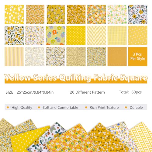 Image of 60 Pcs Quilting Fabric Square, Yellow Series Quilted Fabric Bundle | 10x10 Cotton Floral Fabric Square for Sewing for DIY Patchwork Cushion, Bags, Sewing Craft Decorations