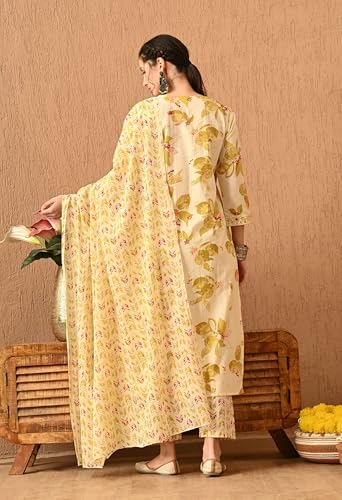 Image of Amazon Brand - Tavasya Women Cotton Anarkali Kurta Pant Dupatta Set | Printed Ethnic Suit Set | Flared Anarkali Kurta with Pant & Dupatta | Festive & Casual Wear
