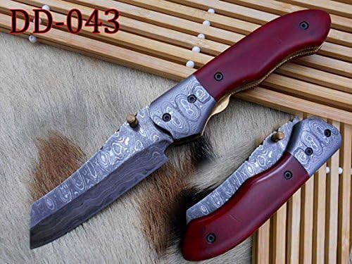 8" Tanto blade folding knife, Natural Bull horn scale, Hand forged Twist Pattern Damascus steel, Equipped with Thumb pin & liner lock, Cow hide Leather sheath included (Bull Horn) (Red colored bone)