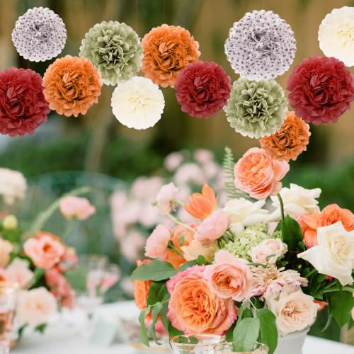 Image of BestoFun 16 PCS Fall Party Decorations Pumpkin Orange Sage Green Tissue Pom Poms Paper Flower Dots for Wedding Decorations Thanksgiving, Baby Shower, Autumn Harvest Party Supplies