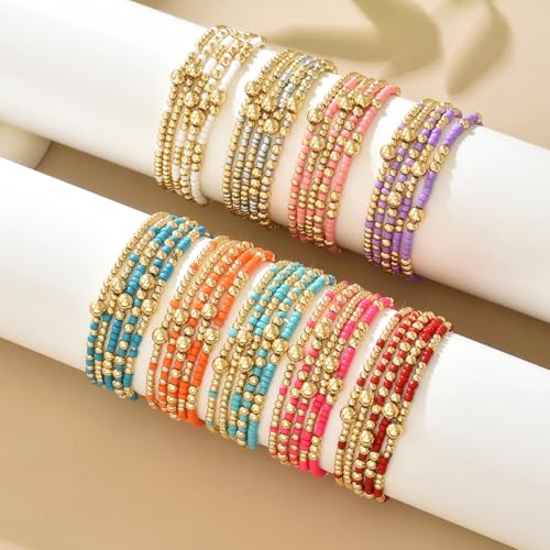 Caiyao Bohemia Multilayer Resin Beaded Stackable Bracelets Set Colorful Surfer Heishi Gold Beaded Stretch Bracelets Friendship Elastic Wristbands for Women Men Summer Beach Boho Vacation Jewelry4