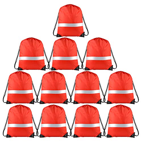 Image of KUUQA 12 Pcs Red Drawstring Backpacks with Reflective Strips - Polyester, 15.7 inch x 13.4 inch, Ideal for Yoga, Sport, Travel