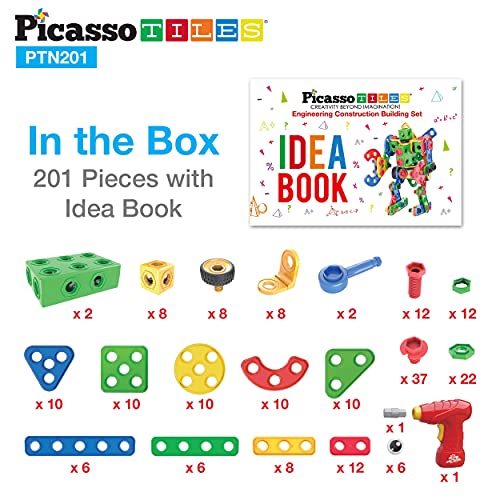 Picassotiles PTN201 Stem Learning Toys 201 Piece Building Block Kids Construction Engineering Kit Toy Blocks Children Early Education Playset W/Free Ideabook thumb #7