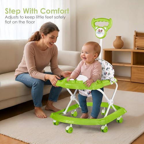 Image of BabyGo Tintin Baby Walker for 6-24 Months, Baby Walker with Push Handle & Activity Tray - Foldable Adjustable Height Infant Walker with Wheels, Music,Toy Bar and Comfotable seat (Green)