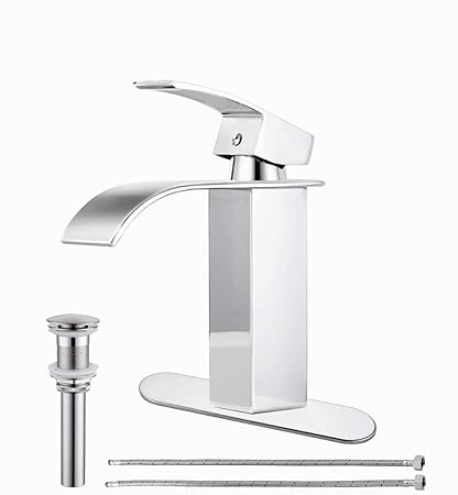 HIHIA Bathroom Faucet with Deck Waterfall Spout Single Handle Chrome with Pop Drain wihout Overflow Commercial Modern Lavatory Deck Mount