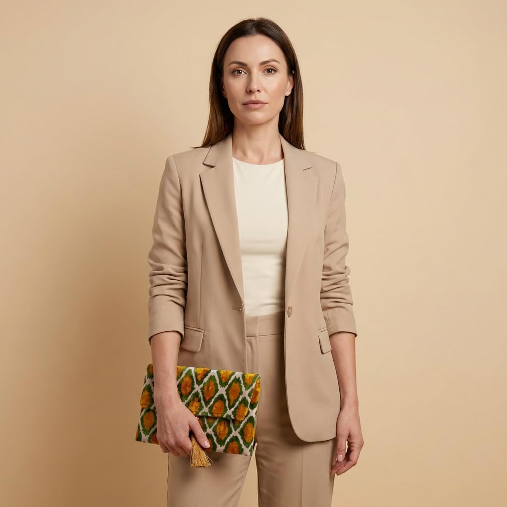 Pochette Ikat in velluto di seta fatta a mano, stile busta, design bohémien, motivo etnico, opzione cinturino a catena, pochette per feste serali, borsa premium, bianco sporco, verde, oro