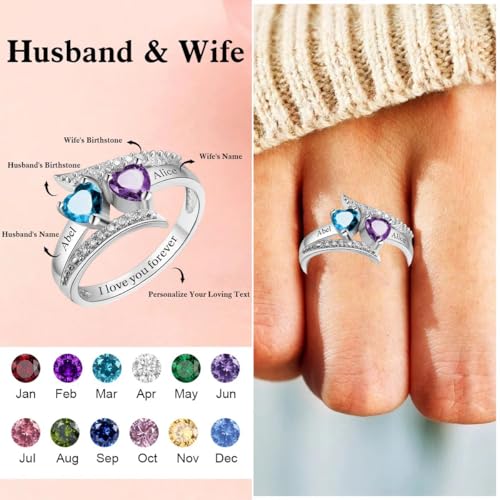 I Love You Forever - Personalized Promise Birthstones Ring, Personalized Promise Rings for Her Simulated Birthstone Couples Names Love Engagement Rings for Women, Custom Engraved Couples Name Ring3