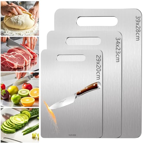 Lista de Conjuntos de tablas para picar - 5 favoritos. 43 3 Piezas Tablas para Picar Acero Inoxidable 304, Tabla para Picar Cocina Acero Inoxidable, Tablas de Cortar de Doble Cara de Grado Alimenticio Con Asa para Servir Carne, Pan,...